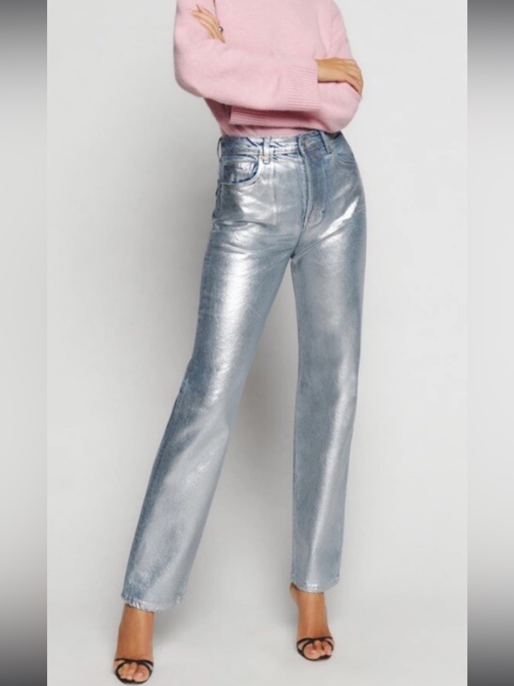 Reformation Metallic Silver Straight-Leg Jeans